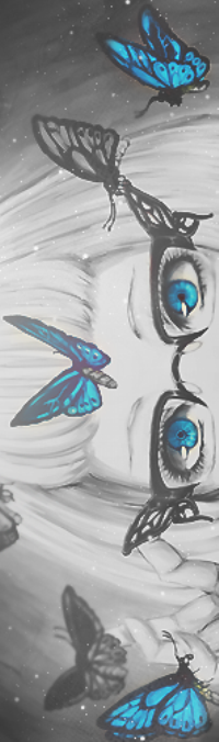 Аватар вконтакте Яркие голубые глаза девушки, нарисованной в черно-белых тонах, в очках, среди голубых и черно-белых бабочек