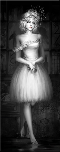 99px.ru аватар Беловолосая девушка в белом платье и чепце с розами, в комнате, ступает по воде