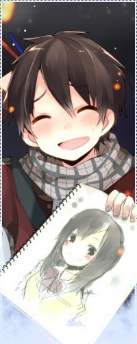99px.ru аватар Анимешный темноволосый парень держит в руках тетрадь, в которой нарисована девушка, и смущенно улыбается