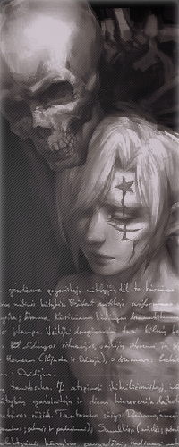 99px.ru аватар Аллен Уолкер / Allen Walker из аниме Ди Грей-мен / D Gray-man безысходно опустил взгляд, устремив его в низ, за спиной у него скелет, который положил на него свой череп