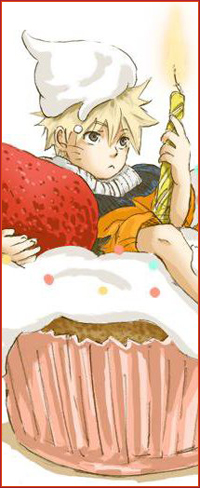 Аватар вконтакте Наруто Узумаки / Naruto Uzumaki из аниме Наруто / Naruto сидит в пироженом и держит свечу и клубнику в руках, со сливками на голове