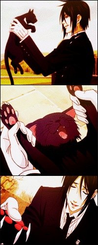 Аватар вконтакте Sebastian Michaelis / Себастьян Михаэлис из аниме Kuroshitsuji / Темный дворецкий держит в руках черного кота