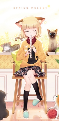 99px.ru аватар Девушка с ушками играет на флейте в окружении котов (Spring Melody / Весенняя мелодия)