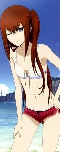 99px.ru аватар Курису Макисэ / Kurisu Makise из аниме Врата Штейна в купальнике на пляже, вдалеке виден маяк