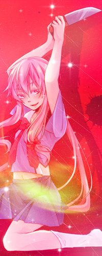 Аватар вконтакте Yuno Gasai / Юно Гасай из аниме Mirai Nikki / Дневник Будущего / Future Diary улыбаясь, сидит на красном фоне с бликами и пятнами крови, закинов руки с ножом над головой