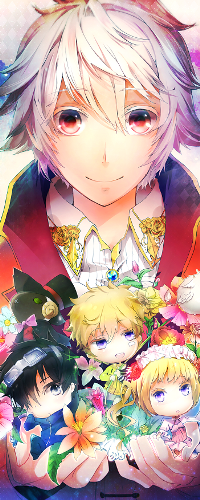 Аватар вконтакте Най / Nai из аниме Карнавал / Karneval держит в руках чиби / chibi Гарэки / Gareki, Ёги / Yogi и Цукумо / Tsukumo с цветами
