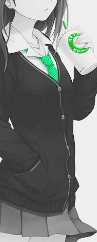 Аватар вконтакте Рин Сибуя / Rin Shibuya из аниме Идолмастер: Девушки-золушки / The iDOLM@STER Cinderella Girls в школьной форме с зеленым галстуком держит напиток