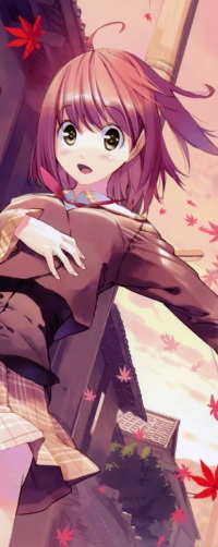 Аватар вконтакте Анимешная девушка с короткими русыми волосами в школьной форме стоит в городе под падающими кленовыми листьями