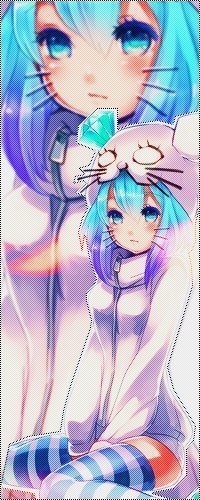 Аватар вконтакте Vocaloid Aoki Lapis / Вокалоид Аоки Ляпис с подрисованными усиками, сидит, одетя в полосатые чулки, белую куртку и шапку в виде головы мышки с полудрагоценным камнем ляпис-лазурь вместо одного уха