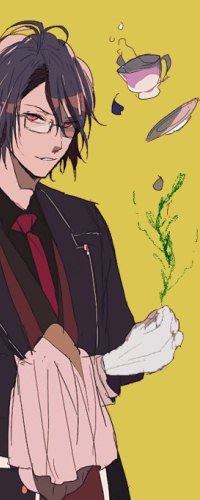 Аватар вконтакте Рейджи Сакамаки / Reiji Sakamaki из аниме Дьявольские любовники / Кровные возлюбленные / Diabolik Lovers с полотенцем на руке бросил чашку с чаем