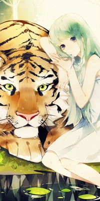 Аватар вконтакте Зеленоволосая девушка в белом платье положила руку на тигра, арт мангаки Pixiv Id 3476958