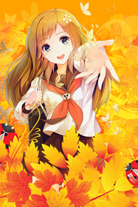 Аватар вконтакте Радостная светловолосая анимешная девочка в школьной форме, стоя среди осенней листвы, в которой ползают большие божьи коровки, тянется рукой к мотылькам, порхающим вокруг