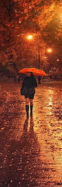 99px.ru аватар Черноволосая, высокая девушка, держащая в руке красный зонтик, идущая под дождем по аллеи парка, усыпанной опавшими осенними листьями