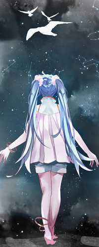 99px.ru аватар Vocaloid Hatsune Miku / Вокалоид Хатсуне Мику смотрит на звездное небо, а над ней летают птицы
