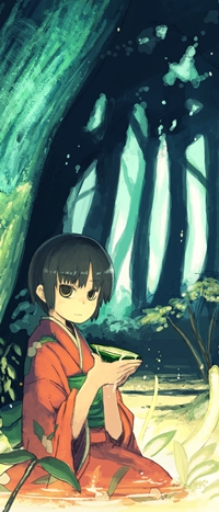 Аватар вконтакте Рензу / Renzu из аниме Mushishi / Мастер Муши в юката сидит в воде под деревом в лесу с зеленой чашкой в руках
