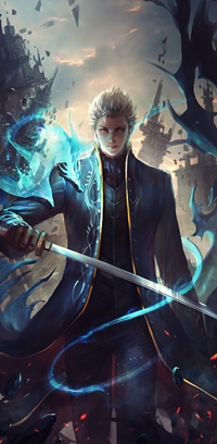 Аватар вконтакте Верджил / Vergil из игры И дьявол может плакать / Devil May Cry с катаной в руке, обвитый призрачным синим драконом, идет по разрушенному городу