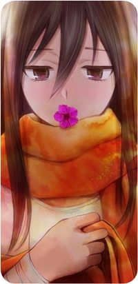 Аватар вконтакте Микаса Аккерман / Mikasa Ackerman из аниме Атака Титанов / Shingeki no Kyojin в оранжевом шарфе с розовым цветочком во рту