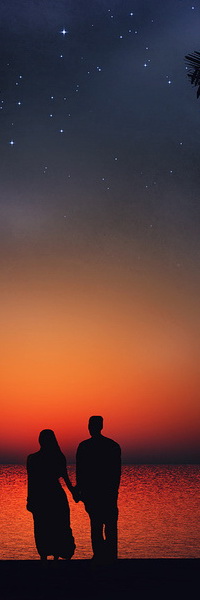 Аватар вконтакте Мужчина и женщина, взявшись за руки, стоят на берегу моря и любуются ярким оранжевым заревом на фоне звездного ночного неба