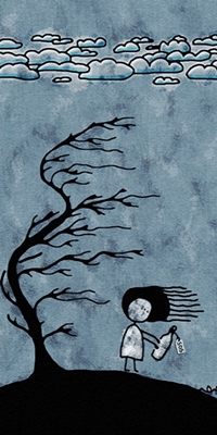99px.ru аватар Девочка стоит на черном бугорке, рядом с искривленным голым деревом, и держит в руках бутылку с надписью Sos / Помогите, а в небе плывут облачка