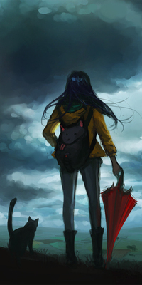 99px.ru аватар Девушка с красным зонтом в руке и рюкзаком в виде показывающего язык котика за спиной, стоит рядом с кошкой, под пасмурным небом, смотря вдаль, художница k-atrina