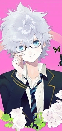 Аватар вконтакте Киллуа Золудик / Killua Zoldyck из аниме Хантер Х Хантер / Охотник Х Охотник / Hunter X Hunter на розовом фоне, с бабочками и цветами, улыбается и поправляет очки