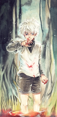 99px.ru аватар Киллуа Золудик / Killua Zoldyck из аниме Хантер Х Хантер / Охотник Х Охотник / Hunter X Hunter измазанный в крови стоит в воде среди деревьев