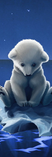 Аватар вконтакте Белый медвежонок, сидящий на льдине, плавающей в холодном море на фоне звездного, ночного неба