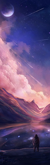 99px.ru аватар Одинокий путник, стоящий на берегу горного озера, любуется красивым ночным небом, появившейся планетой солнечной системы, мерцающими звездами и падающими кометами, автор Niken Anindita