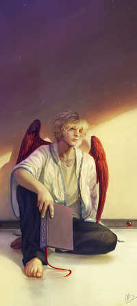 Аватар вконтакте Мужчина-ангел с книгой, сидит босой у стены, художник yumedust
