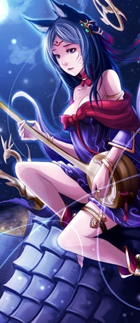 Аватар вконтакте Ари / Ahri из игры Лига Легенд / League of Legends играет на своем волшебном музыкальном инструменте, сидя ночью на крыше