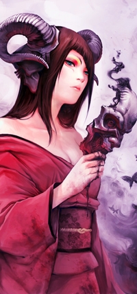 99px.ru аватар Девушка - демон с рогами барана с ярким макияжем в красном кимоно держит дымящуюся маску в руке, арт мангакиPatipat Asavasena