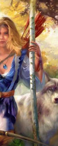 99px.ru аватар Девушка с луком и стрелами стоит у березы, рядом с ней волк
