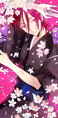 Аватар вконтакте Матсуока Рин / Matsuoka Rin из аниме Свободный стиль! / Free! с веерами в руках танцует посреди цветов сакуры
