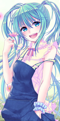 99px.ru аватар Улыбающаяся Vocaloid Hatsune Miku / Вокалоид Хатсуне Мику держит в руке цветок