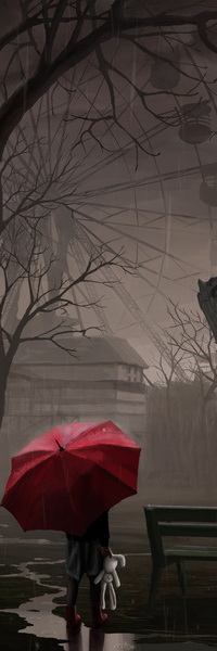 99px.ru аватар Девочка, идущая под дождем по аллеям парка, держащая в руке красный зонт, напротив колеса обозрения, в руке у нее плюшевый зайчик