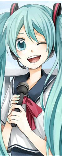 Аватар вконтакте Вокалоид Хатсуне Мику / Vocaloid Hatsune Miku в наушниках и микрофоном в руках, улыбаясь, подмигивает