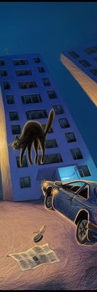 Аватар вконтакте Едущий автомобиль, резко затормозил перед многоэтажным домом, увидев подпрыгнувшего вверх черного кота с изогнутой спиной на фоне вечернего неба, автор Romiro