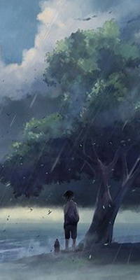 Аватар вконтакте Мальчик, спрятавшийся от идущего дождя под дерево, стоящее на берегу водоема, рядом с ним стоит фонарь