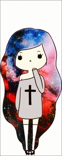 99px.ru аватар Девочка, нарисованная в стиле Adventure Time, с космосом волосах, с черным крестом на серой кофте, спущенной на одно плечо, в белых чулках и черных туфельках, приложив руку к подбородку, стоит на белом фоне