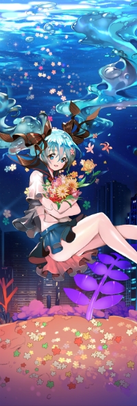 99px.ru аватар Вокалоид Хацуне Мику / Vocaloid Hatsune Miku под водой на фоне города и листьев держит цветы