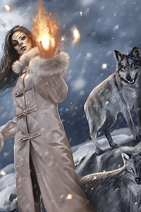 Аватар вконтакте Девушка в снегопад стоит в окружении волков и держит в поднятой руке светящийся огненный шар. Волки держится на расстоянии от девушки и с боязнью смотрят на огонь