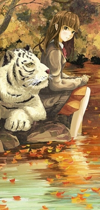 99px.ru аватар Школьница сидит на камнях, держа ноги в воде, с белым тигром за спиной, арт мангаки Gemi