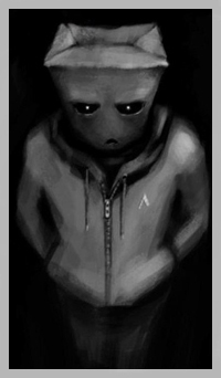 99px.ru аватар Понурый битард с пакетом на голове, в темноте, держит руки в карманах своей серой куртки