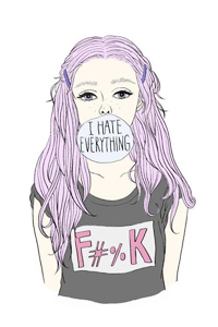 99px.ru аватар Девушка с длинными розовыми волосами, заколотыми двумя фиолетовыми заколками, в серой майке с розовой надписью F#%K (I hate everything / Я ненавижу все)