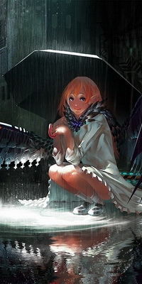 99px.ru аватар Рыжеволосая девушка, сидящая на корточках в светлом пяточке, держащая в руках зонтик, прячется под него от сильного дождя