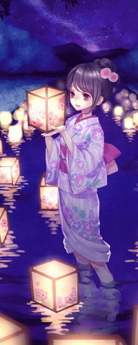 99px.ru аватар Девушка азиатской внешности, одетая в кимоно, стоящая в воде держит в руках горящий китайский фонарь на фоне звездного, ночного неба