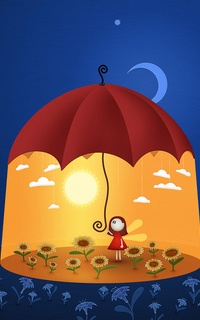 Аватар вконтакте Девочка с крылышками бабочки, стоит под большим красным зонтом со светящимся солнцем, облаками, растущими возле нее подсолнухами, образующими желтый шатер на фоне ночного неба, звезд и полумесяца