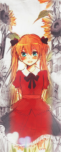 Аватар вконтакте Аска Лэнгли Сорью / Asuka Langley Soryu из аниме Евангелион / Evangelion стоит около подсолнухов и улыбается