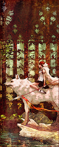 99px.ru аватар Девушка с копьем сидит на белом волке в лесу около ручья