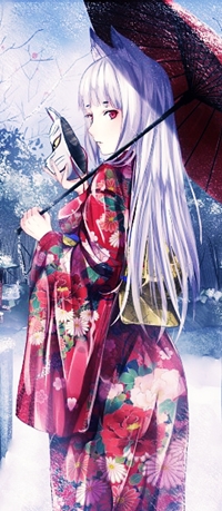99px.ru аватар Девушка-кицуне с белыми волосами и красными глазами обернулась, держа в одной руке зонтик, а в другой - маску, арт мангаки Morerin